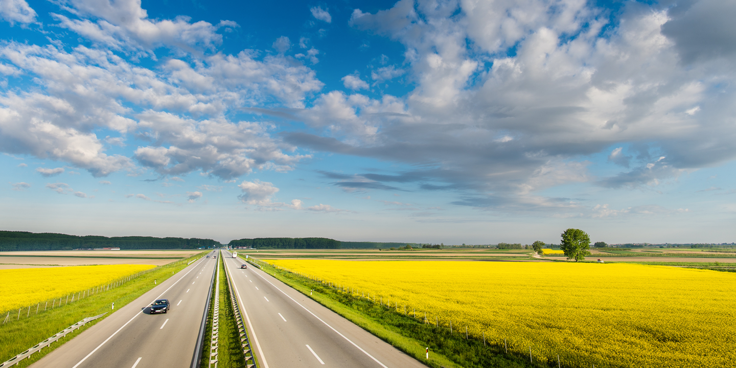 En rak motorväg med gula rapsfält runt om