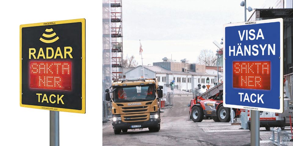 Bild som visar digitala hastighetsskyltar som heter Pacetell Mini