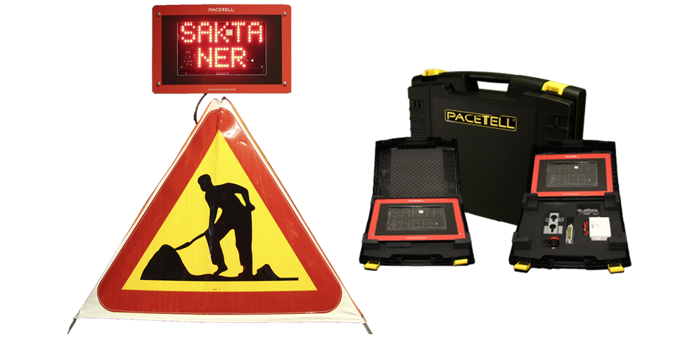 Varningstält med grävgubbe A20 samt digital skylt med texten Sakta ner